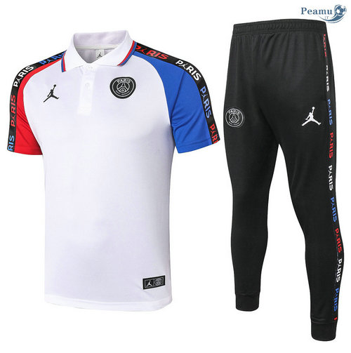 Kit Camisola Entrainement POLO PSG Jordan + Pantalon Branco manche Vermelho/Azul 2020-2021